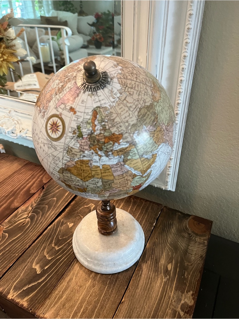 Vintage-Style Decorative Globe in Cream and Brown - Marble Base Home Accents
